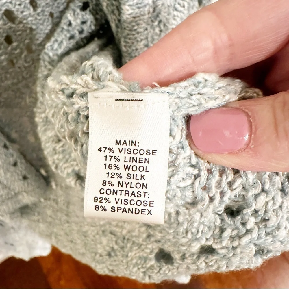 St John Designer Luxury Women’s Pale Blue Open Crochet Knit Waterfall Cardigan M